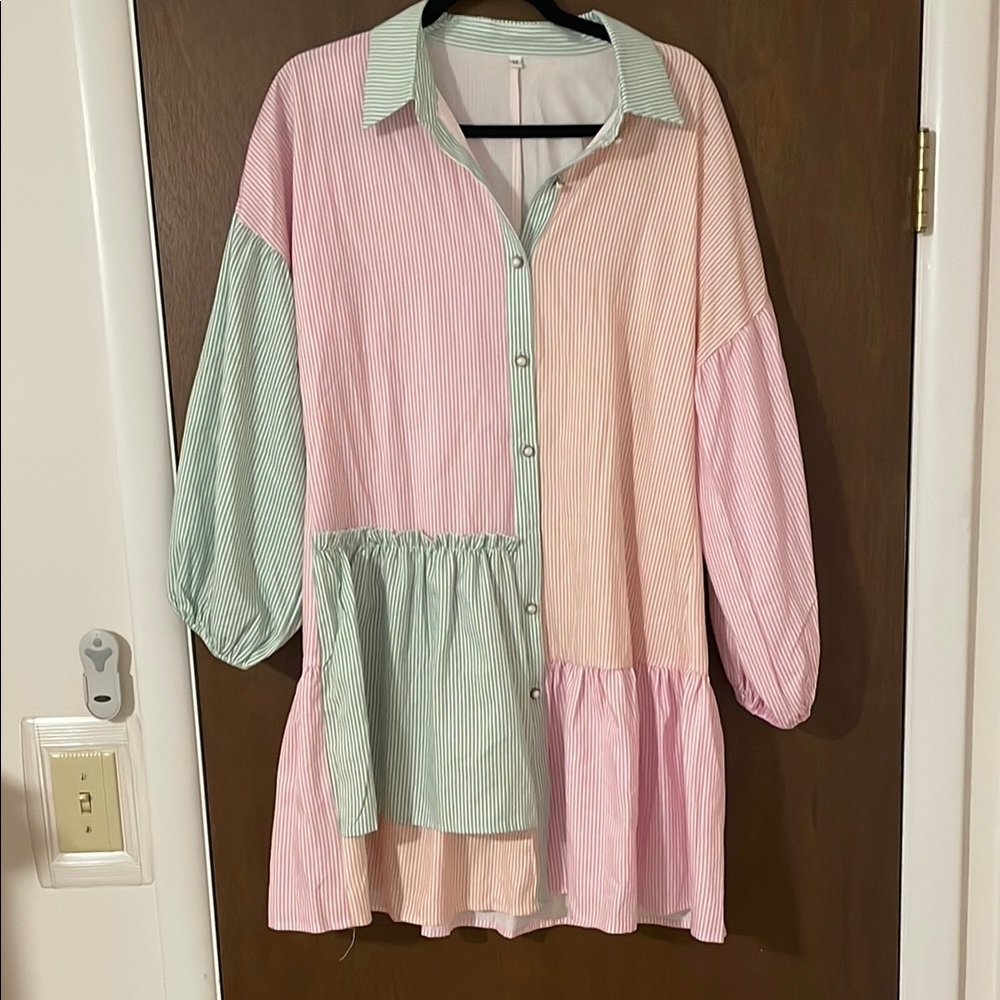 Colorblock Striped Button-Up Dress